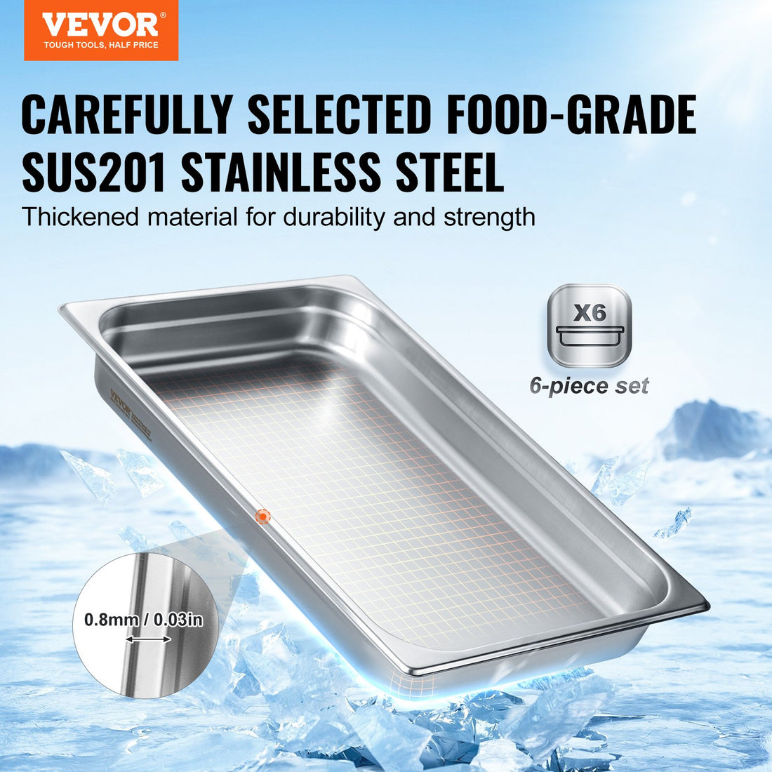 6 Pack Hotel Pans, Full Size Anti-Jam Steam Pan, 0.8mm Thick Stainless Steel Restaurant Steam Table Pan, 2.5-Inch Deep Commercial Table Pan, Catering Storage Food Pan, For Industrial &amp; Scientifi