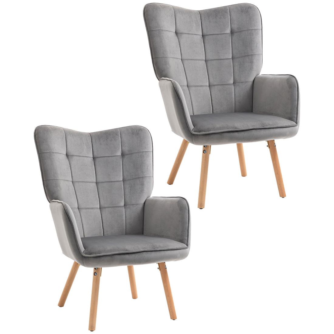 Modern Accent Chair Velvet-Touch Tufted Wingback Armchair Upholstered Leisure Lounge Sofa Club Chair With Wood Legs, Set Of 2, Grey