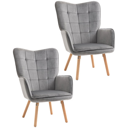 Modern Accent Chair Velvet-Touch Tufted Wingback Armchair Upholstered Leisure Lounge Sofa Club Chair With Wood Legs, Set Of 2, Grey