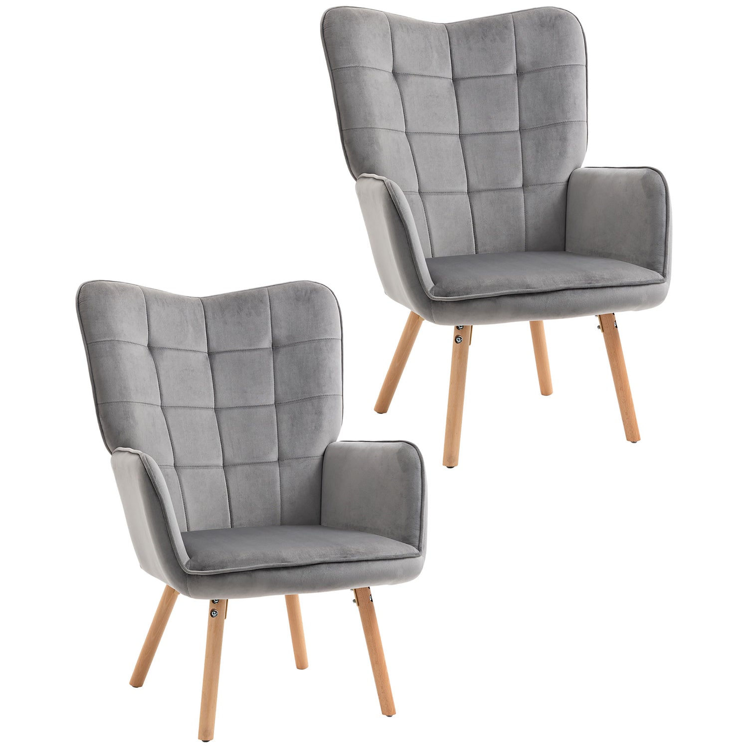 Modern Accent Chair Velvet-Touch Tufted Wingback Armchair Upholstered Leisure Lounge Sofa Club Chair With Wood Legs, Set Of 2, Grey