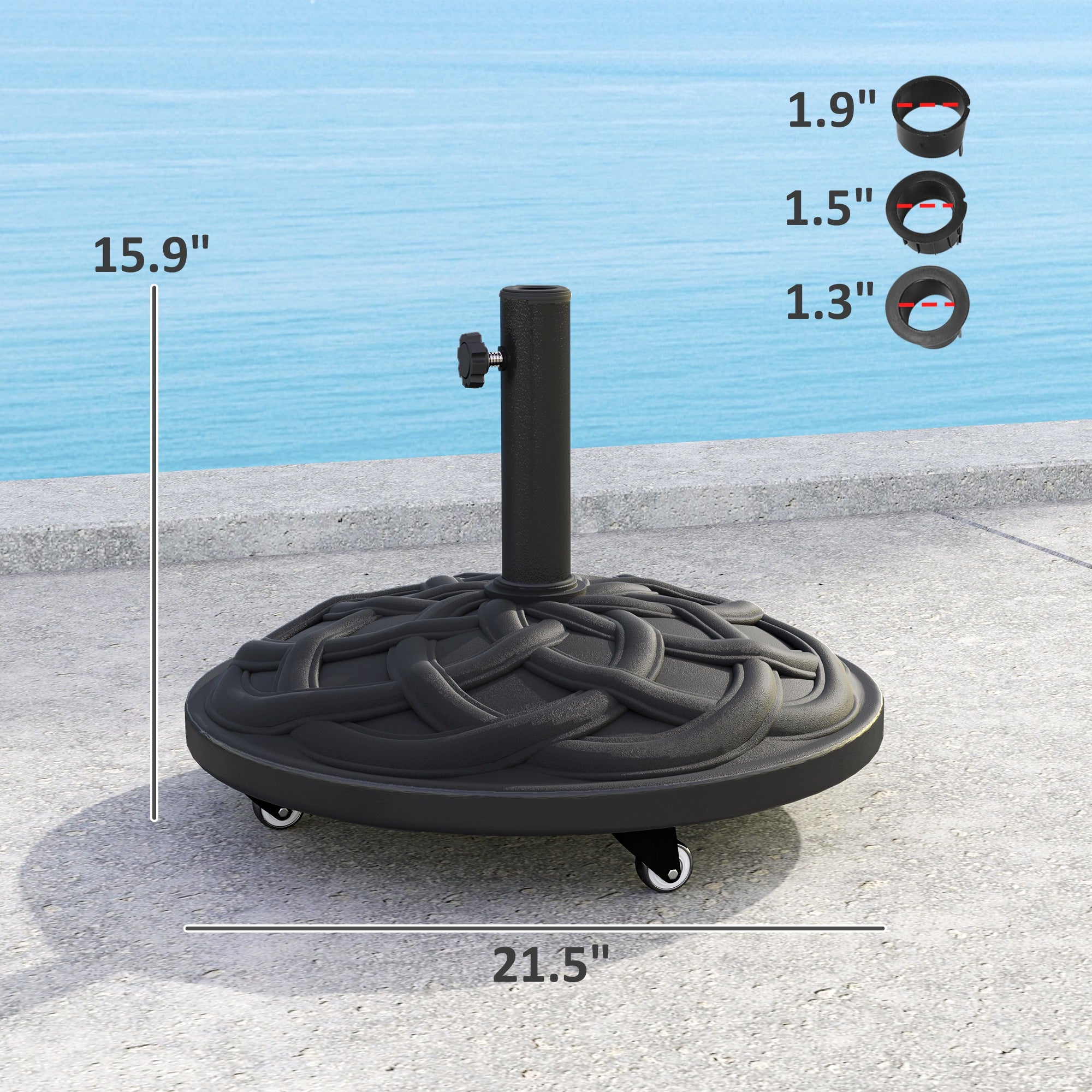 Round Patio Umbrella Base With Wheels, 44 Lbs Resin Umbrella Stand Base, Heavy Duty Patio Umbrella Holder For 1.3"/1.5"/1.9" Umbrella Poles For Outdoor, Lawn, Poolside, Black