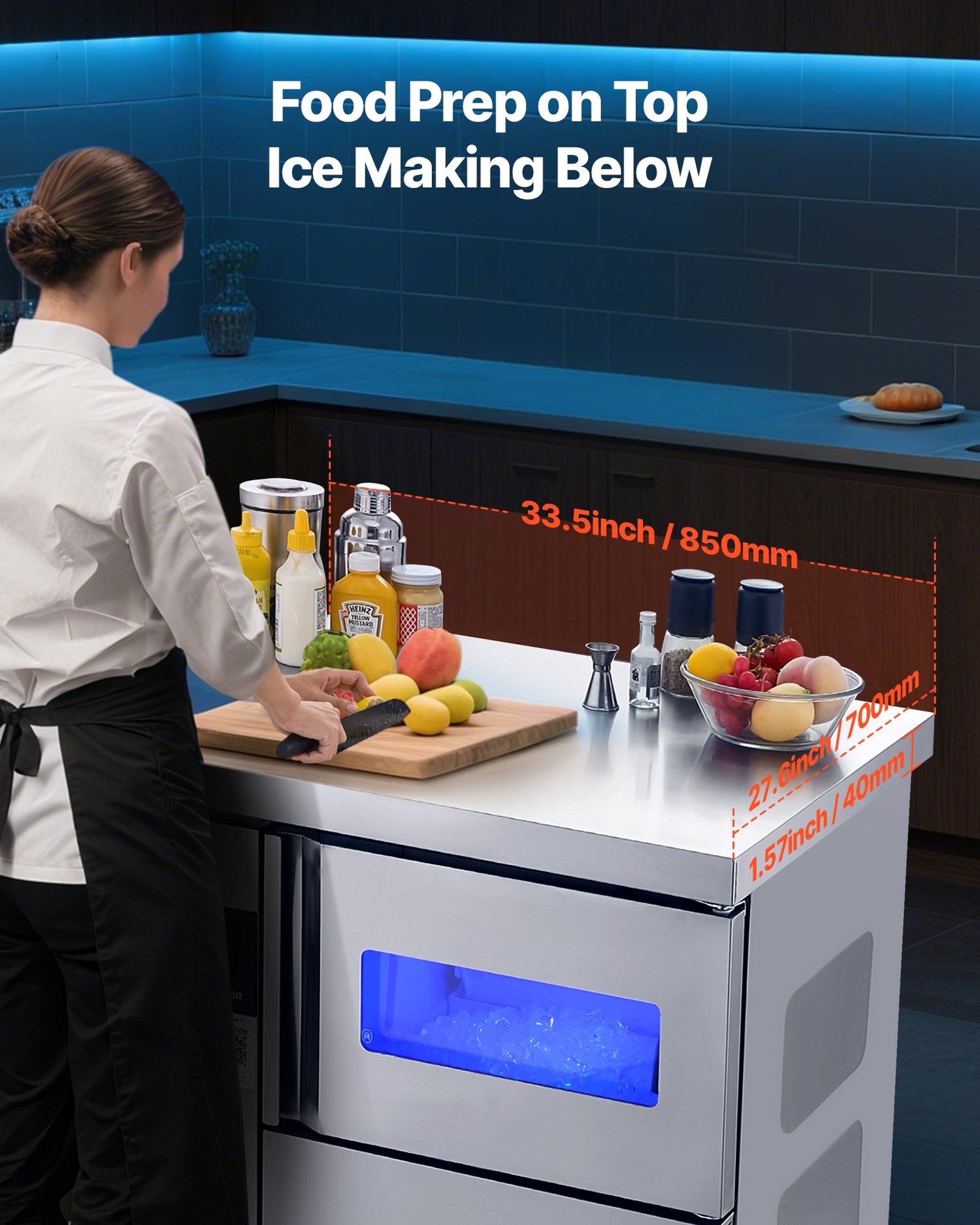 Commercial Ice Maker Machine, 132 Lbs/24H Stainless Steel Ice Machine With Worktop, 30 Lbs Storage &amp; 70 Cubes/Cycle, Self-Cleaning Freestanding Ice-Making For Home Bar Office Restaurant Kitchen