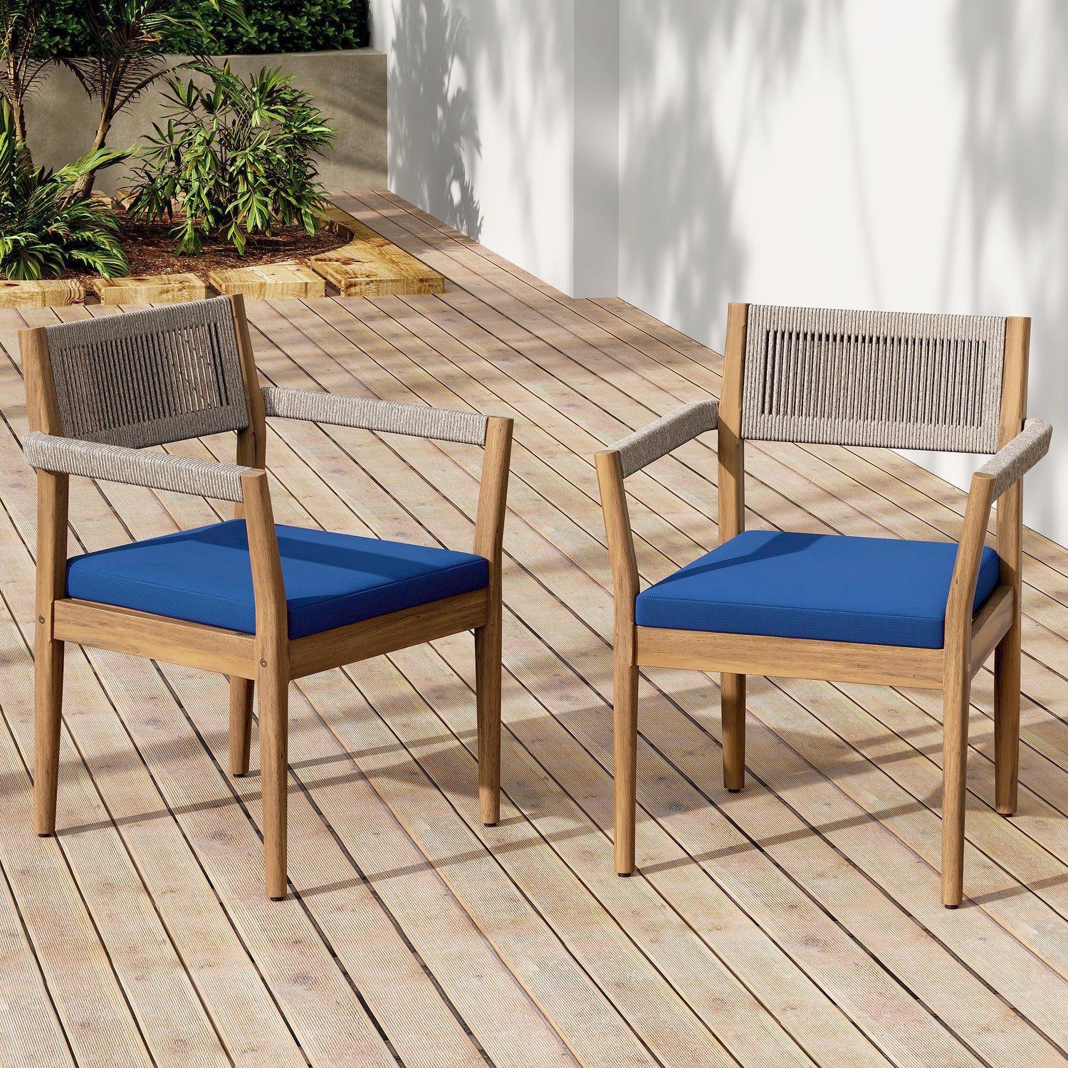 Braided Acacia Wood Outdoor Dining Chairs Set Of 4 -Teak Look With Beige Rope &amp; Navy  Cushions,All-Weather Patio Furniture For Garden, Poolside, And Backyard  Durable &amp; Stylish