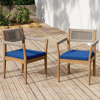 Braided Acacia Wood Outdoor Dining Chairs Set Of 4 -Teak Look With Beige Rope &amp; Navy  Cushions,All-Weather Patio Furniture For Garden, Poolside, And Backyard  Durable &amp; Stylish