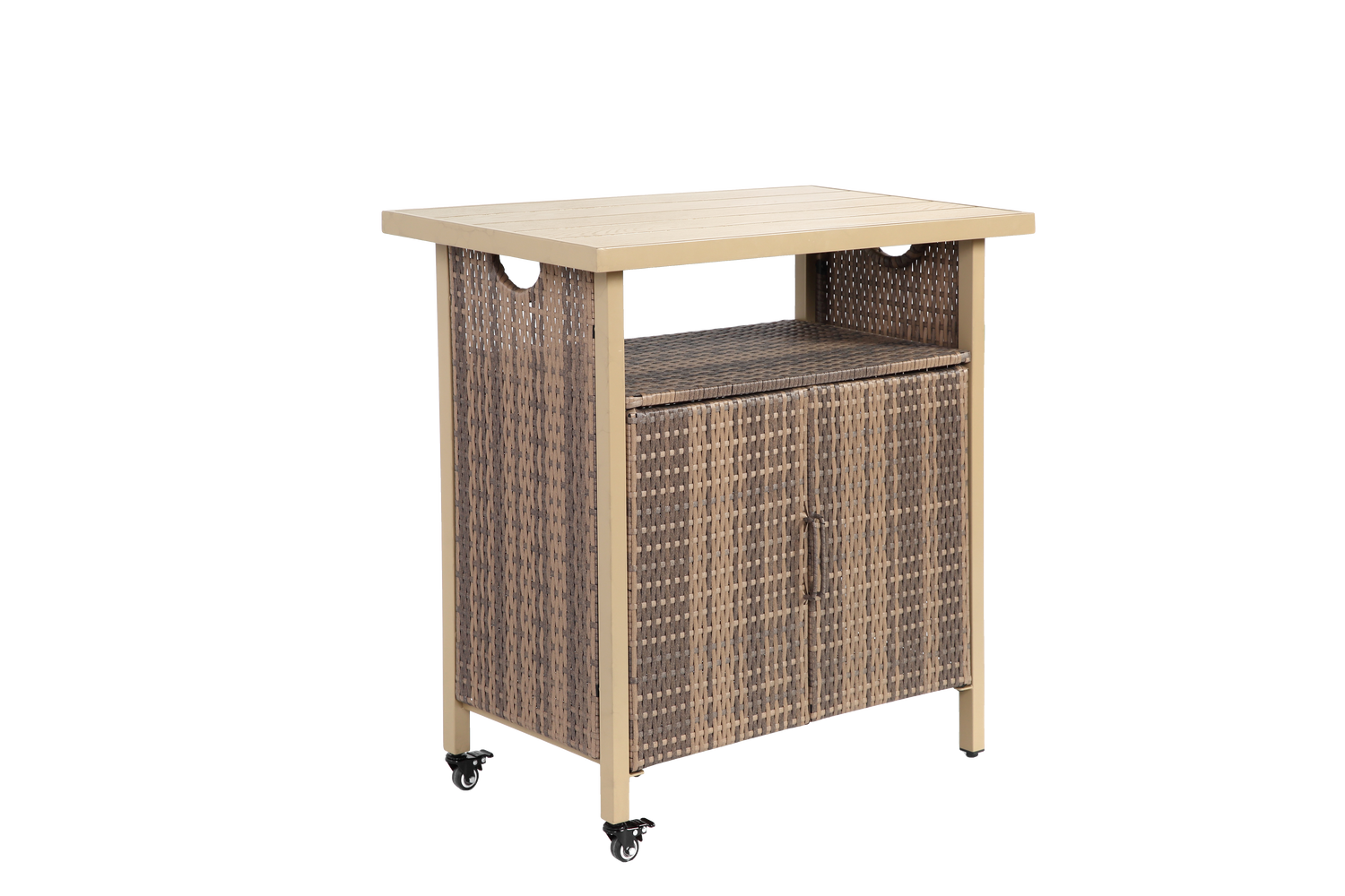 Outdoor Wicker Bar Cart, Patio Wine Serving Cart W Wheels , Rolling Rattan Beverage Bar Counter Table W Glass Top For Porch Backyard Garden Poolside Party, Beige