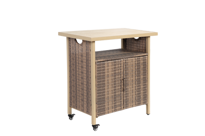 Outdoor Wicker Bar Cart, Patio Wine Serving Cart W Wheels , Rolling Rattan Beverage Bar Counter Table W Glass Top For Porch Backyard Garden Poolside Party, Beige