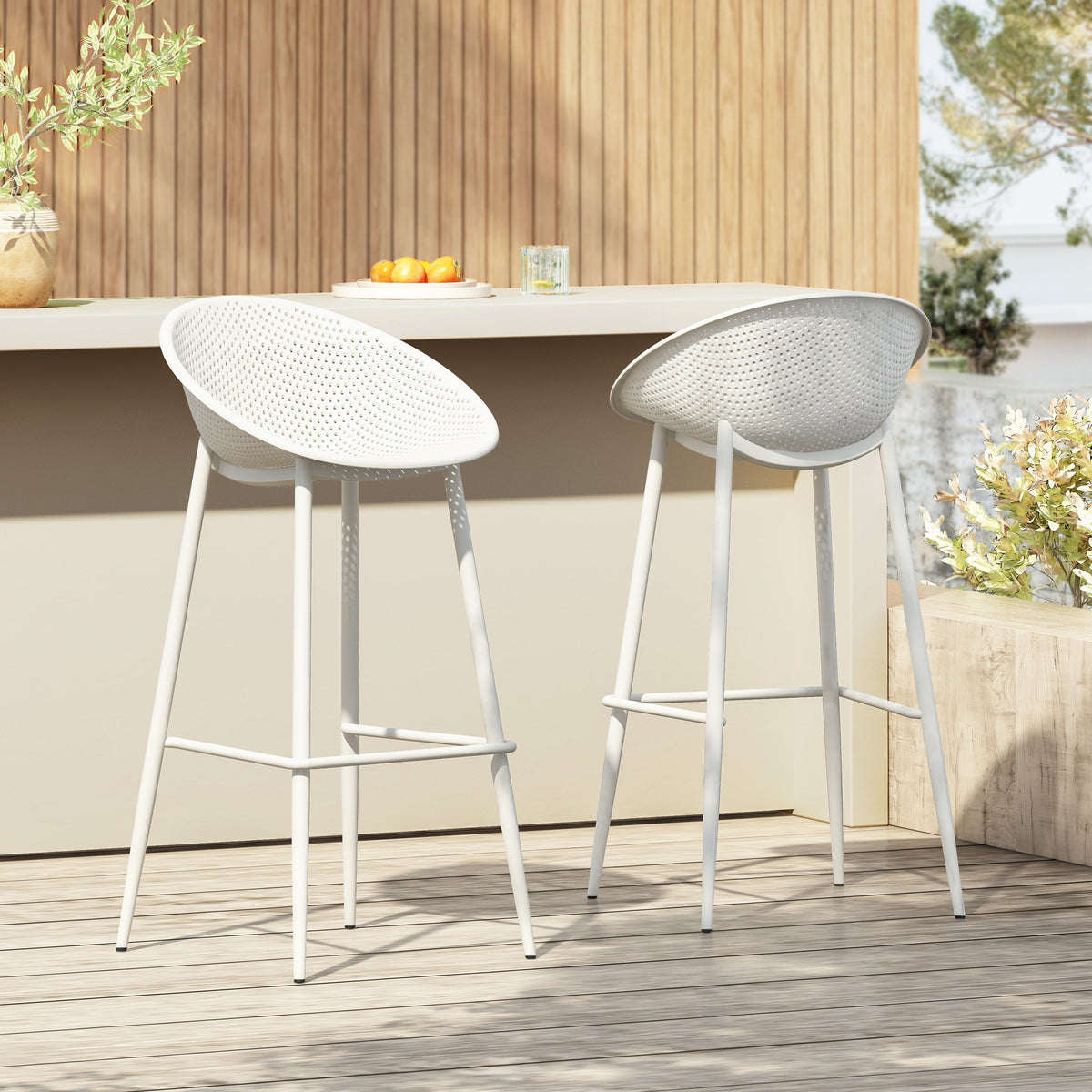 Modern Gable Outdoor Barstool Set of 2 with Perforated Design - White