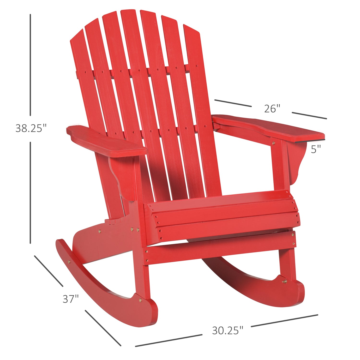 Wooden Adirondack Rocking Chair Outdoor Lounge Chair Fire Pit Seating with Slatted Wooden Design, Fanned Back, Red