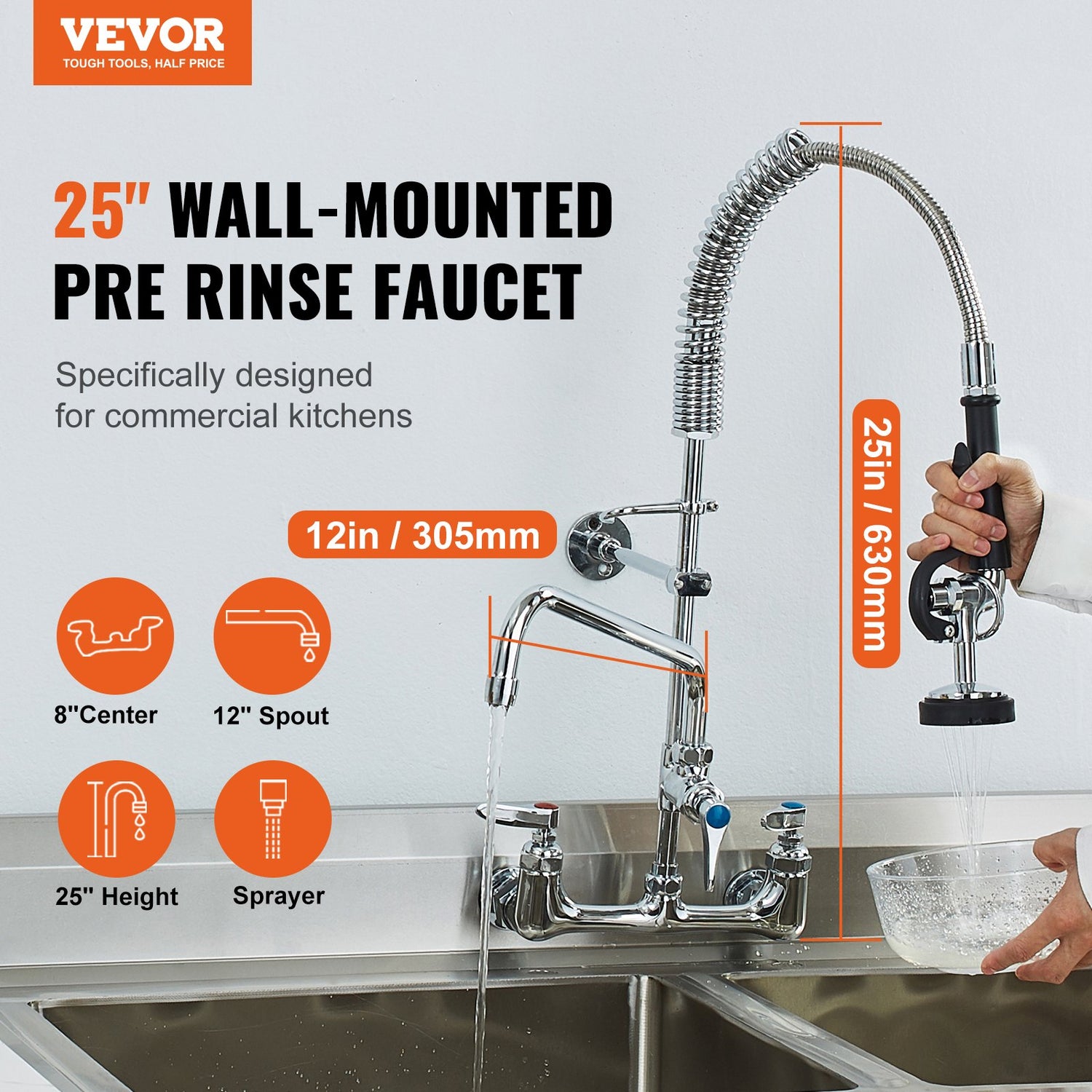 Commercial Faucet With Pre-Rinse Sprayer, 25&
