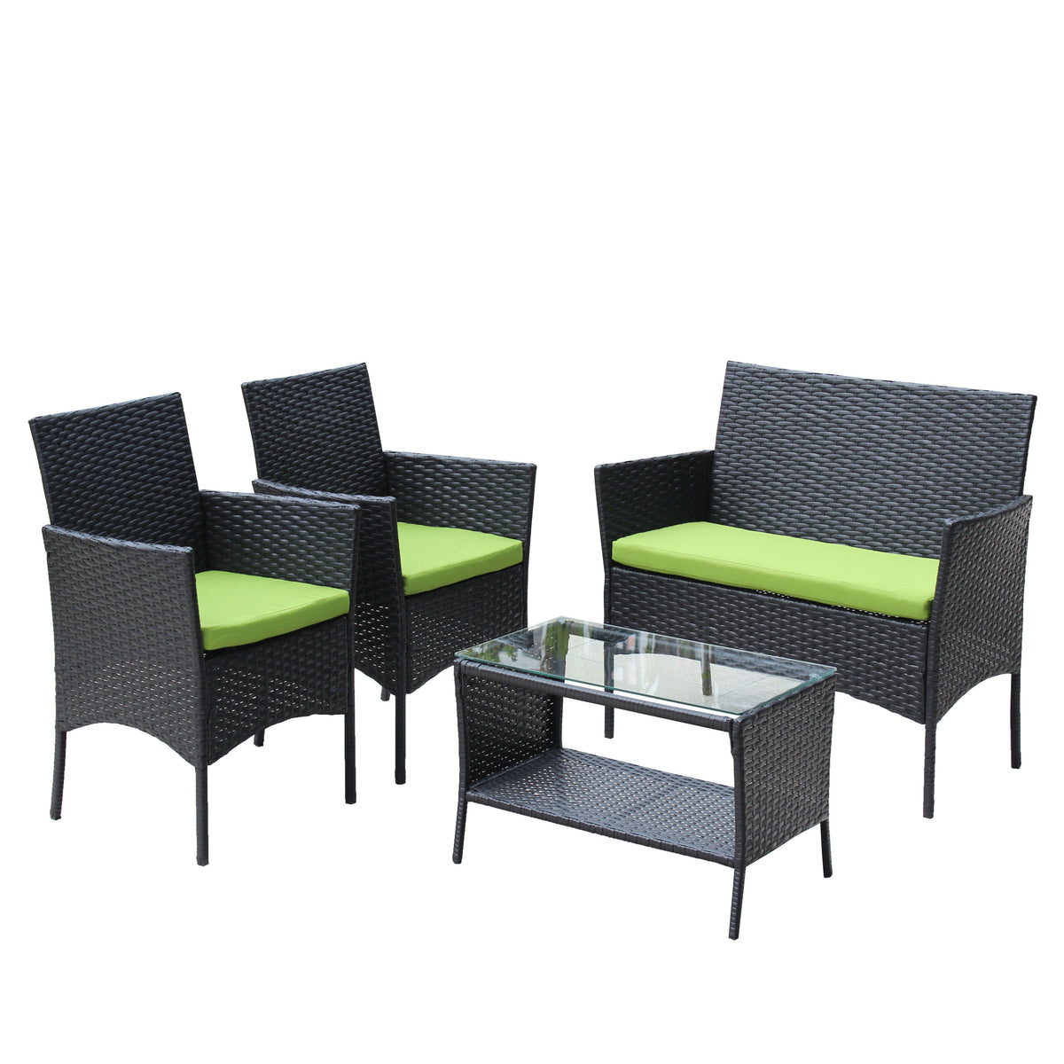 4 PC Rattan Patio Furniture Set with Cushions - Black and Green