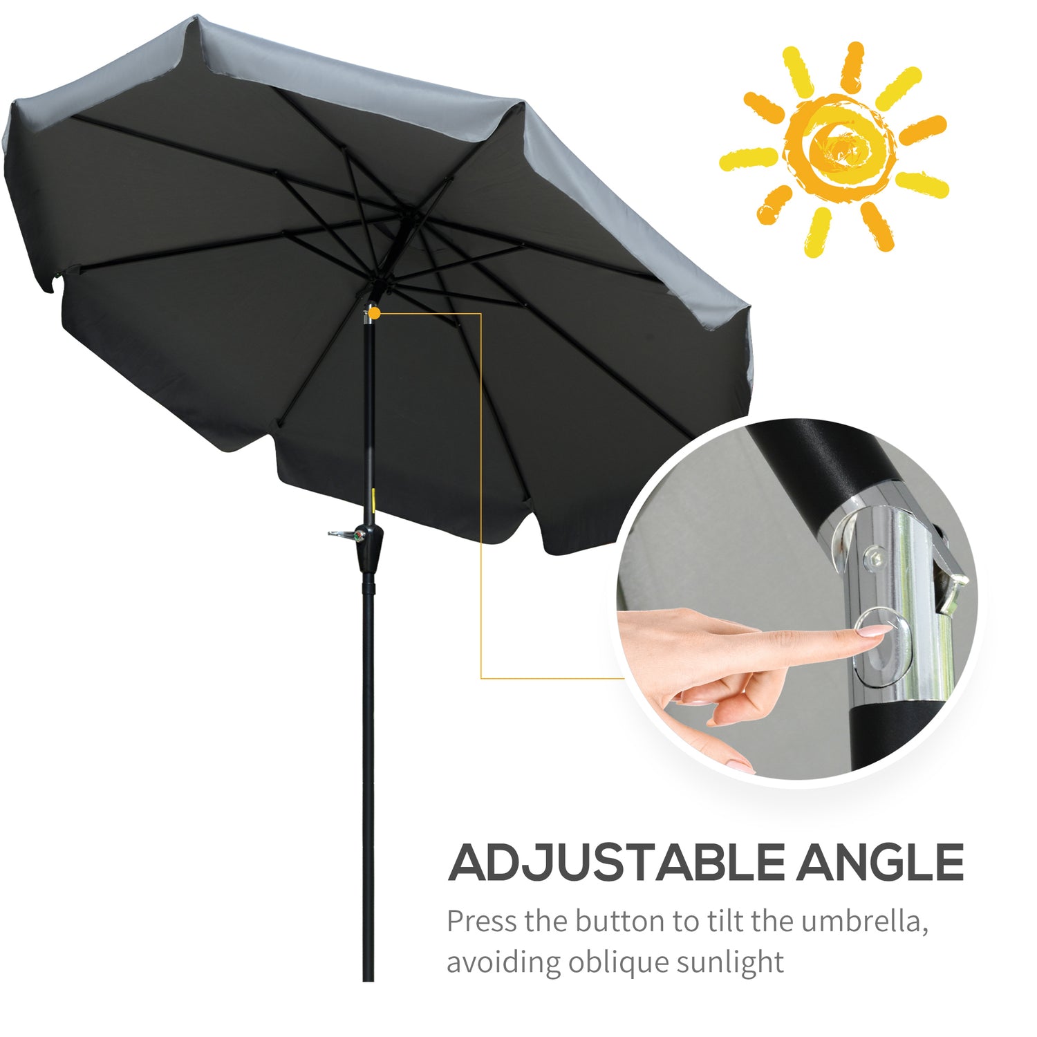 2.7m Patio Parasol Garden Umbrellas Outdoor Sun Shade Table Umbrella With Tilt, Crank, 8 Ribs, Ruffles, Grey