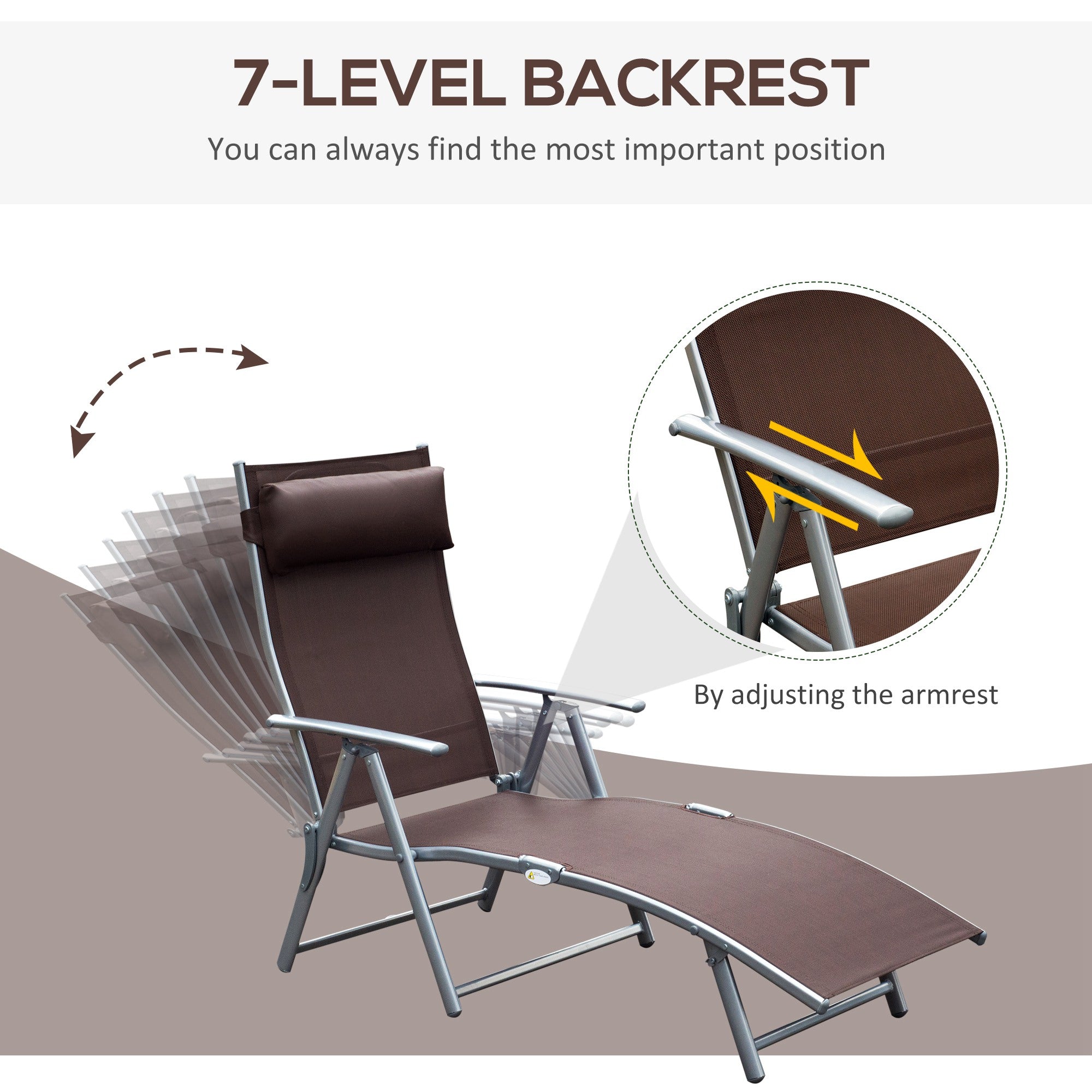 Sun Lounger Steel Frame Outdoor Folding Chaise Texteline Lounge Chair Recliner With Headrest &amp; 7 Levels Adjustable Backrest, Brown