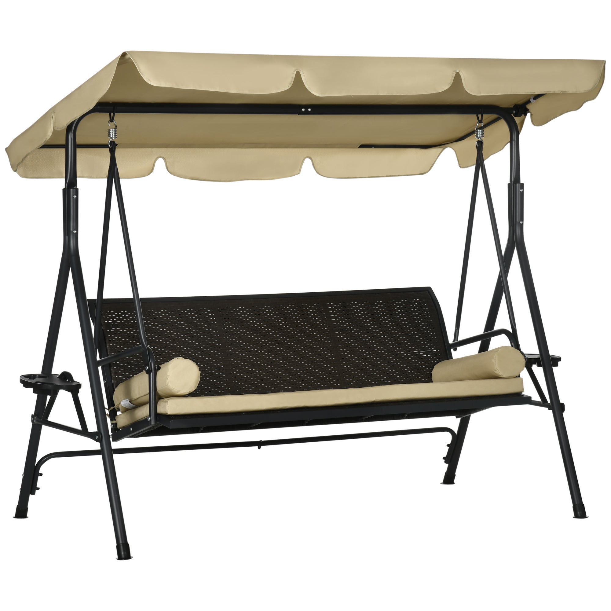 3-Seat Patio Swing Chair, Outdoor Canopy Swing Glider with Removable Cushion, Pillows, Adjustable Shade, and Rattan Seat, for Porch, Garden, Poolside, Backyard