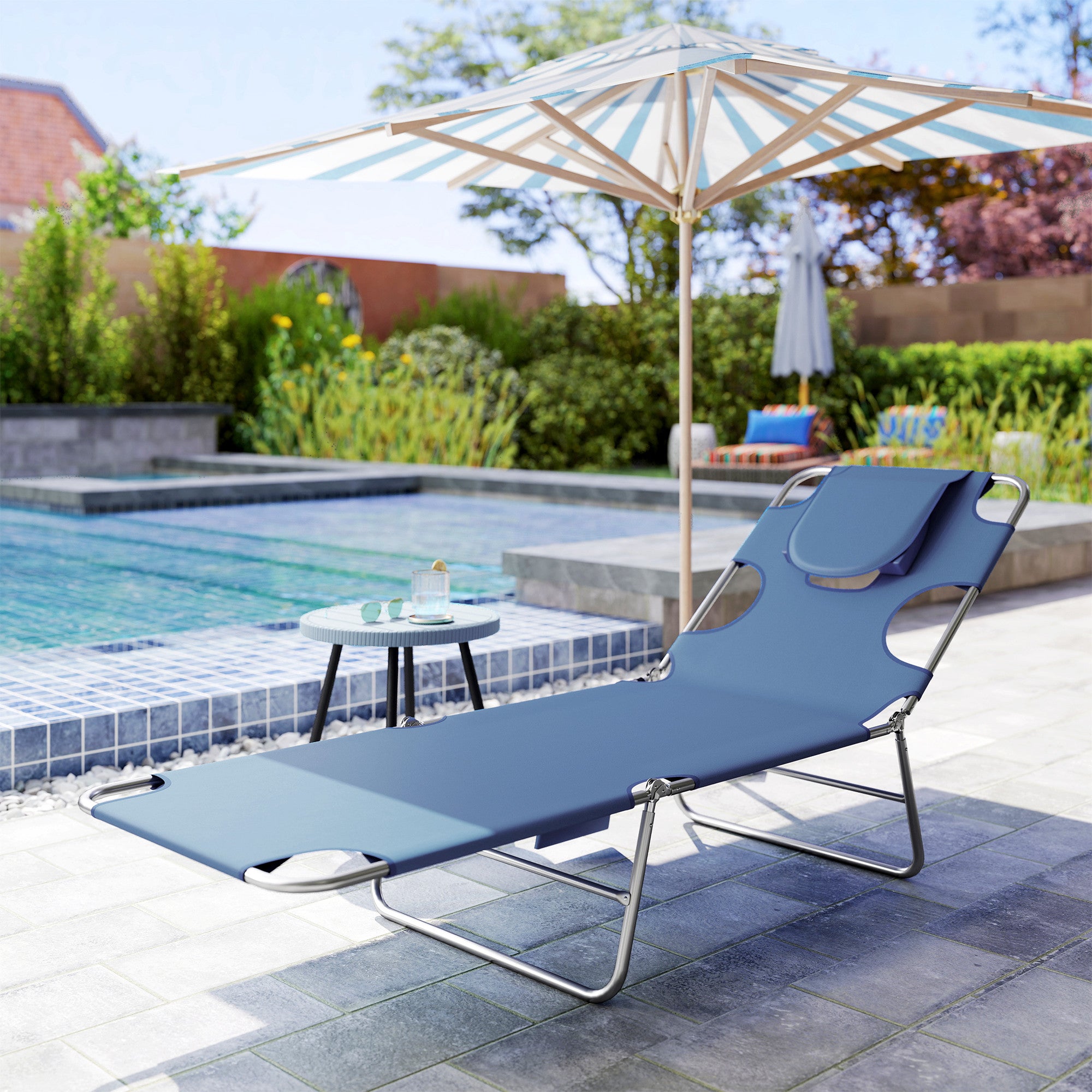 Folding Outdoor Chaise Lounge Sun Tanning Chair with Face Cavity, Pillow, 5-level Adjustable for Beach, Pool, Gray