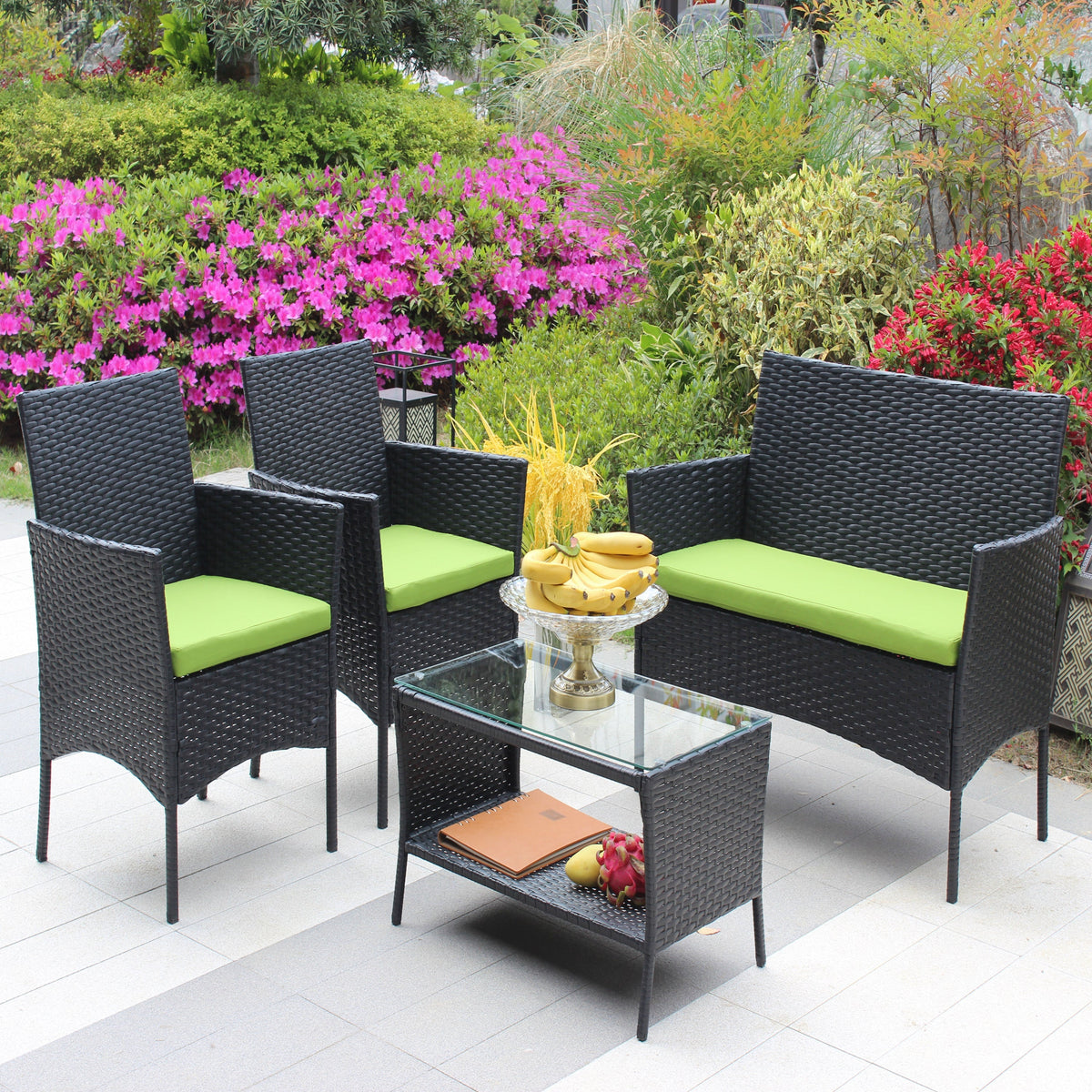 4 PC Rattan Patio Furniture Set with Cushions - Black and Green