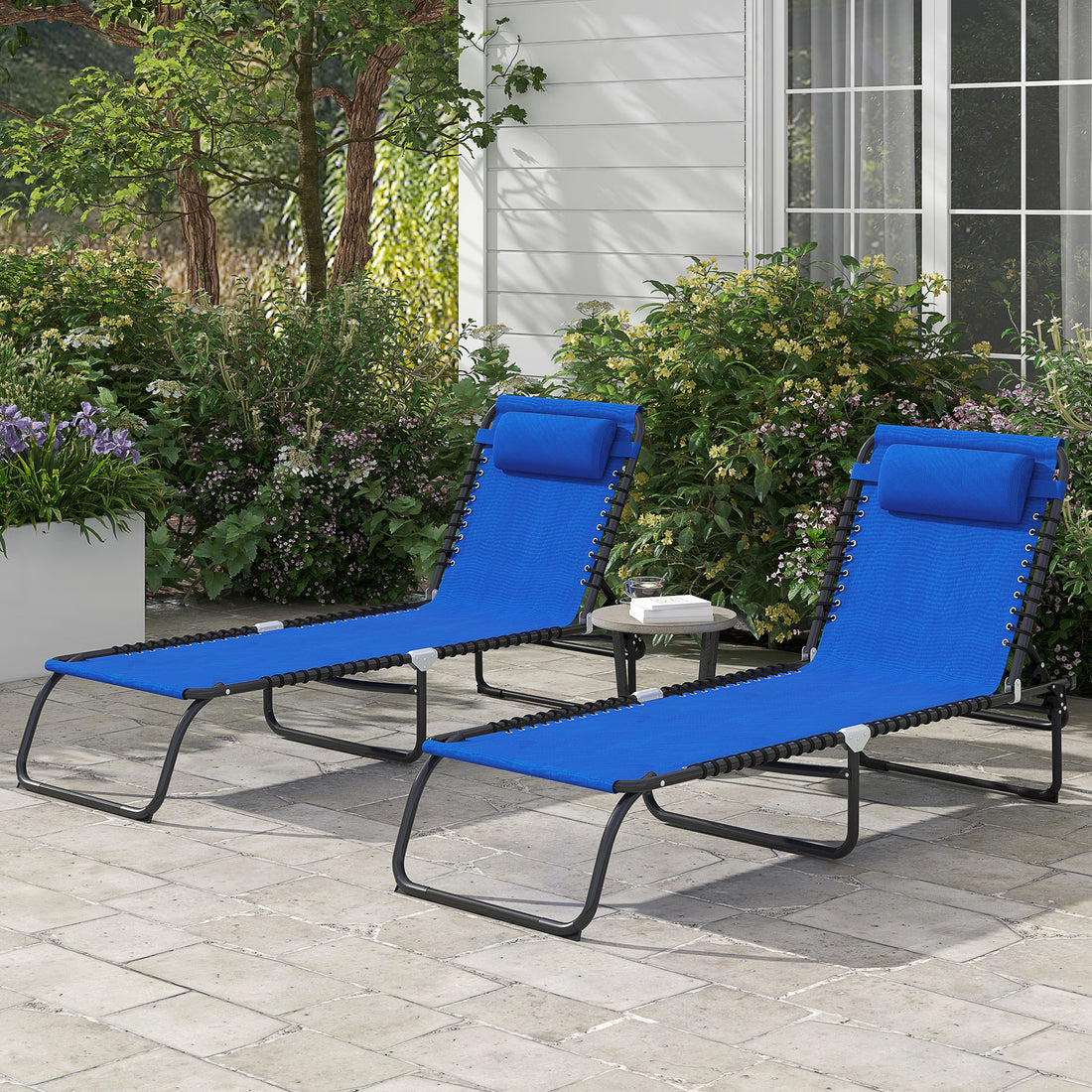 2 Folding Chaise Lounge Pool Chairs with 4-Position Reclining Back, Pillow, Breathable Mesh &amp; Bungee Seat, Blue