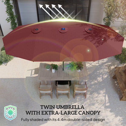 Garden Parasol 14.4ft Double-Sided Sun Umbrella with Base, Patio Parasol with LED Solar Lights, Wine Red