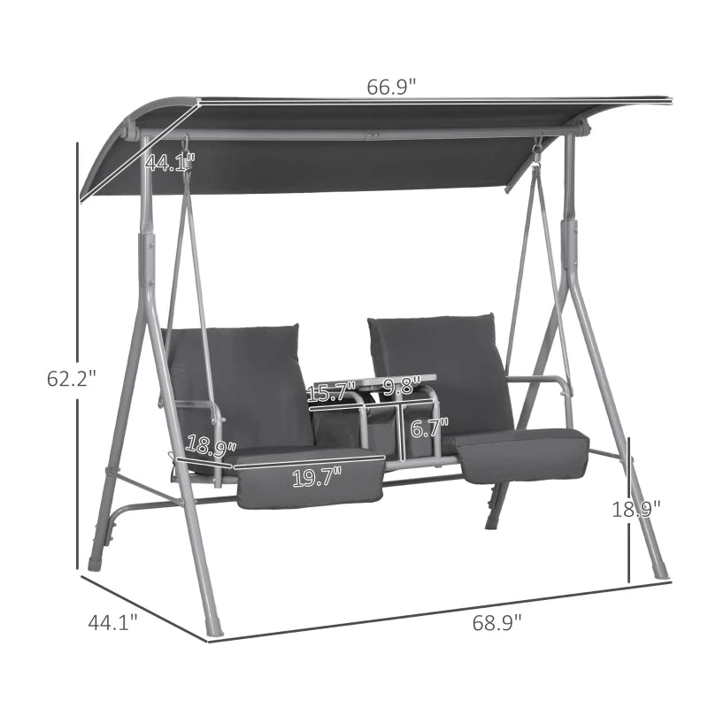 2-Seater Outdoor Porch Swing With Canopy And Table, Patio Swing Chair For Garden, Poolside, Backyard, Gray