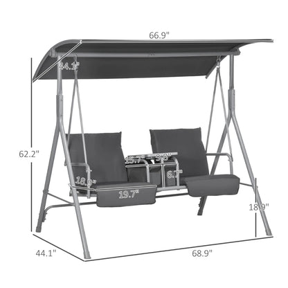 2-Seater Outdoor Porch Swing With Canopy And Table, Patio Swing Chair For Garden, Poolside, Backyard, Gray
