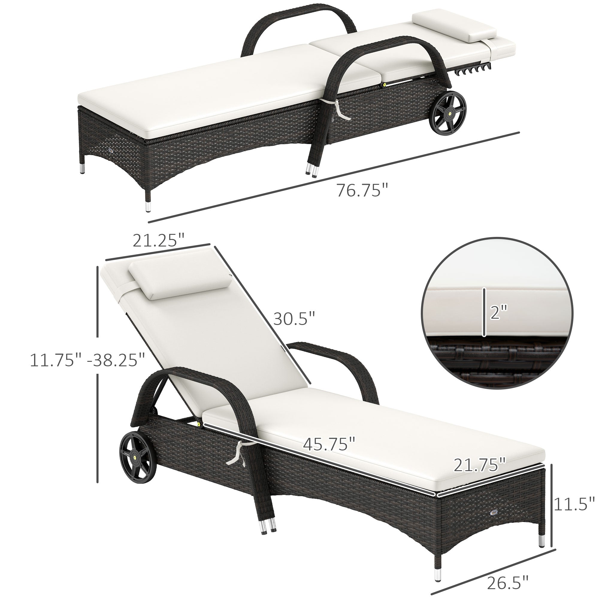 Outdoor Chaise Lounge, 5-Level Adjustable Backrest Rattan Pool Lounge Chair with Wheels, Cushion &amp; Headrest, Cream