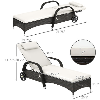 Outdoor Chaise Lounge, 5-Level Adjustable Backrest Rattan Pool Lounge Chair with Wheels, Cushion &amp; Headrest, Cream