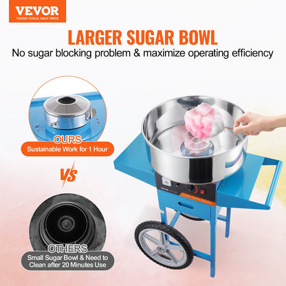 Electric Cotton Candy Machine With Cart, 1000W Commercial Candy Floss Maker With Stainless Steel Bowl, Sugar Scoop And Drawer, Perfect For Home, Kids Birthday, Family Party, Blue