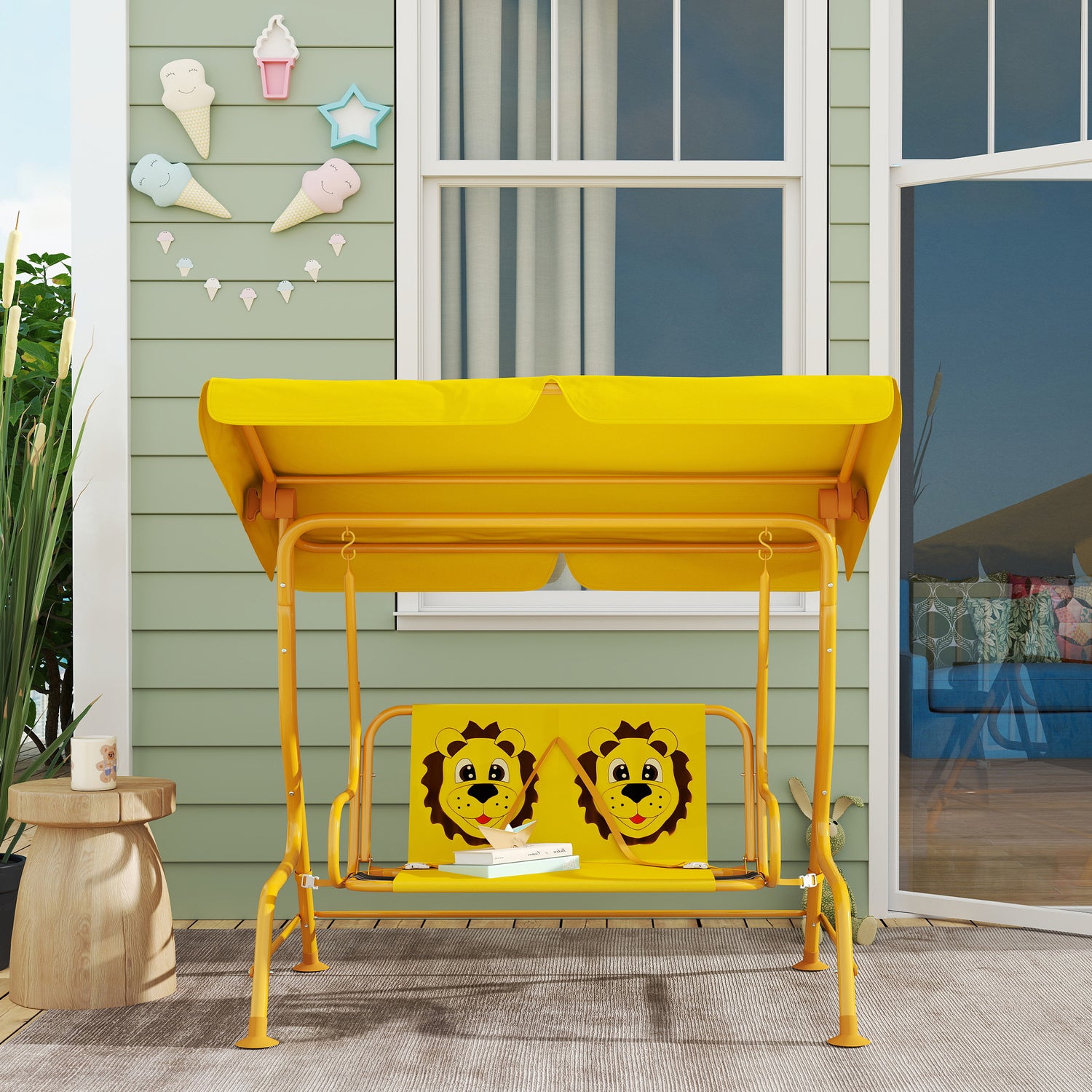 Kids Patio Swing Chair with Adjustable Canopy, Safety Belt for Patio, Garden, Poolside, Balcony, Yellow