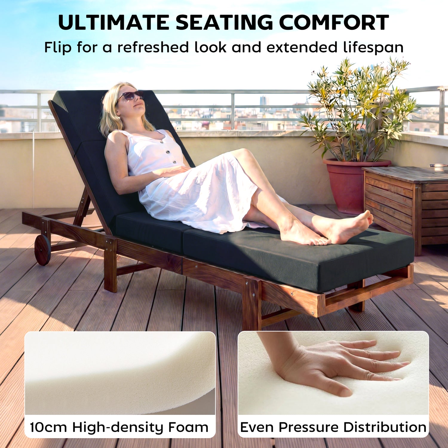 Chaise Lounge Cushion, 4" Thick Outdoor Lounge Chair Cushion with Ties for Patio, 21" x 72 ", Gray