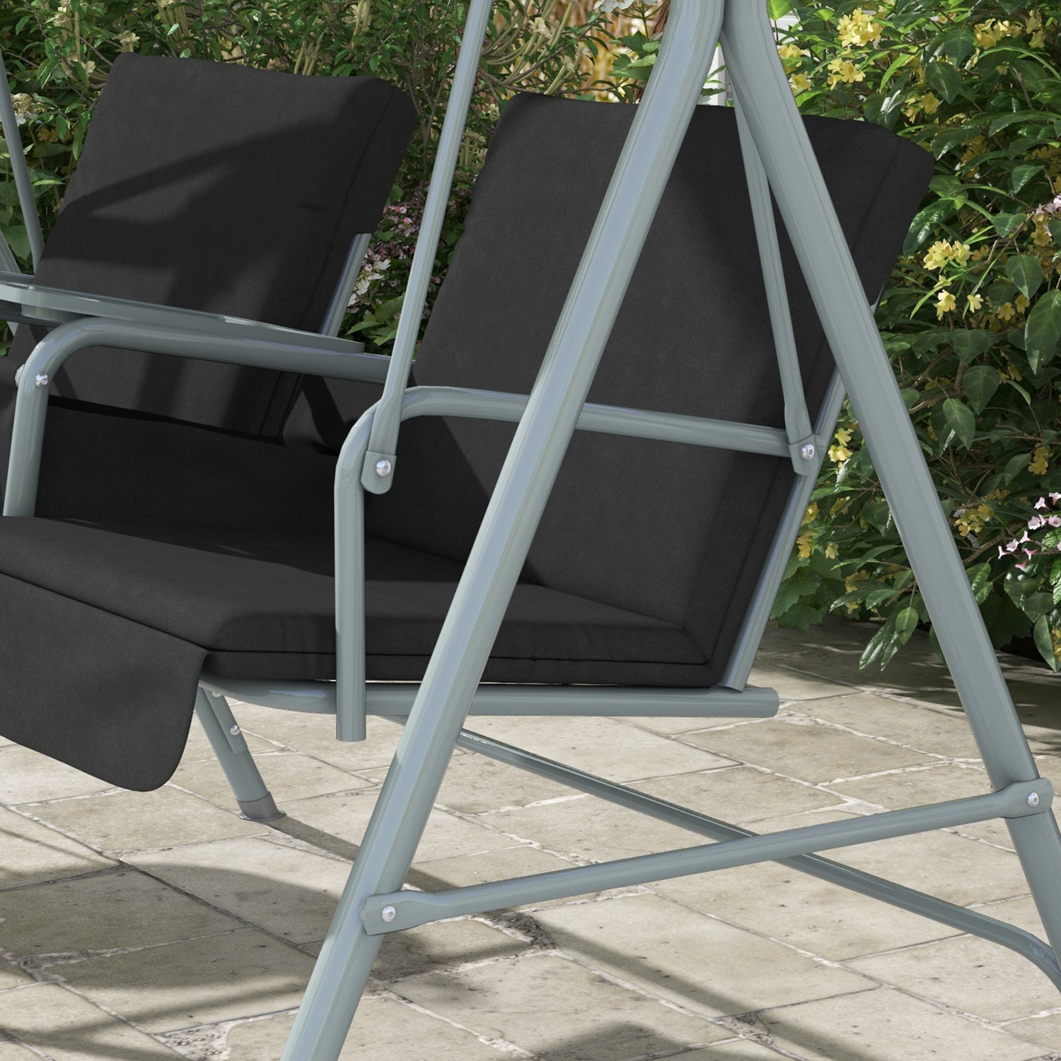 2-Seater Outdoor Porch Swing with Canopy and Table, Patio Swing Chair for Garden, Poolside, Backyard, Black