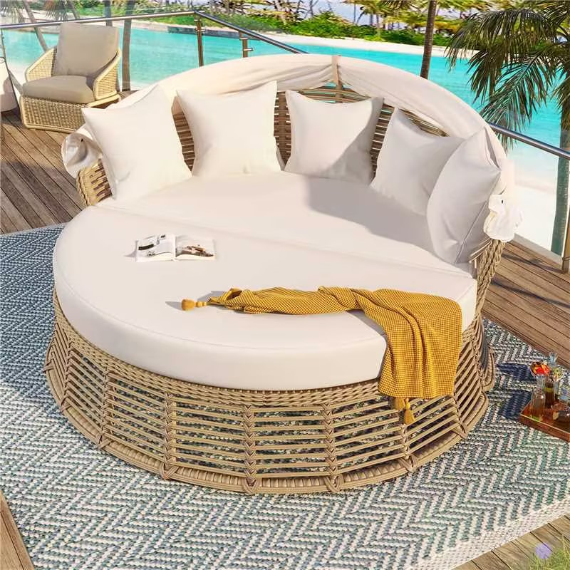 Outdoor Patio Rattan Round Daybed With Retractable Canopy, Wicker Furniture Round Poolside Sofa Sunbed With Removable Cushions, Backyard, Porch, Beige