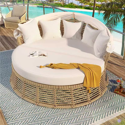 Outdoor Patio Rattan Round Daybed With Retractable Canopy, Wicker Furniture Round Poolside Sofa Sunbed With Removable Cushions, Backyard, Porch, Beige