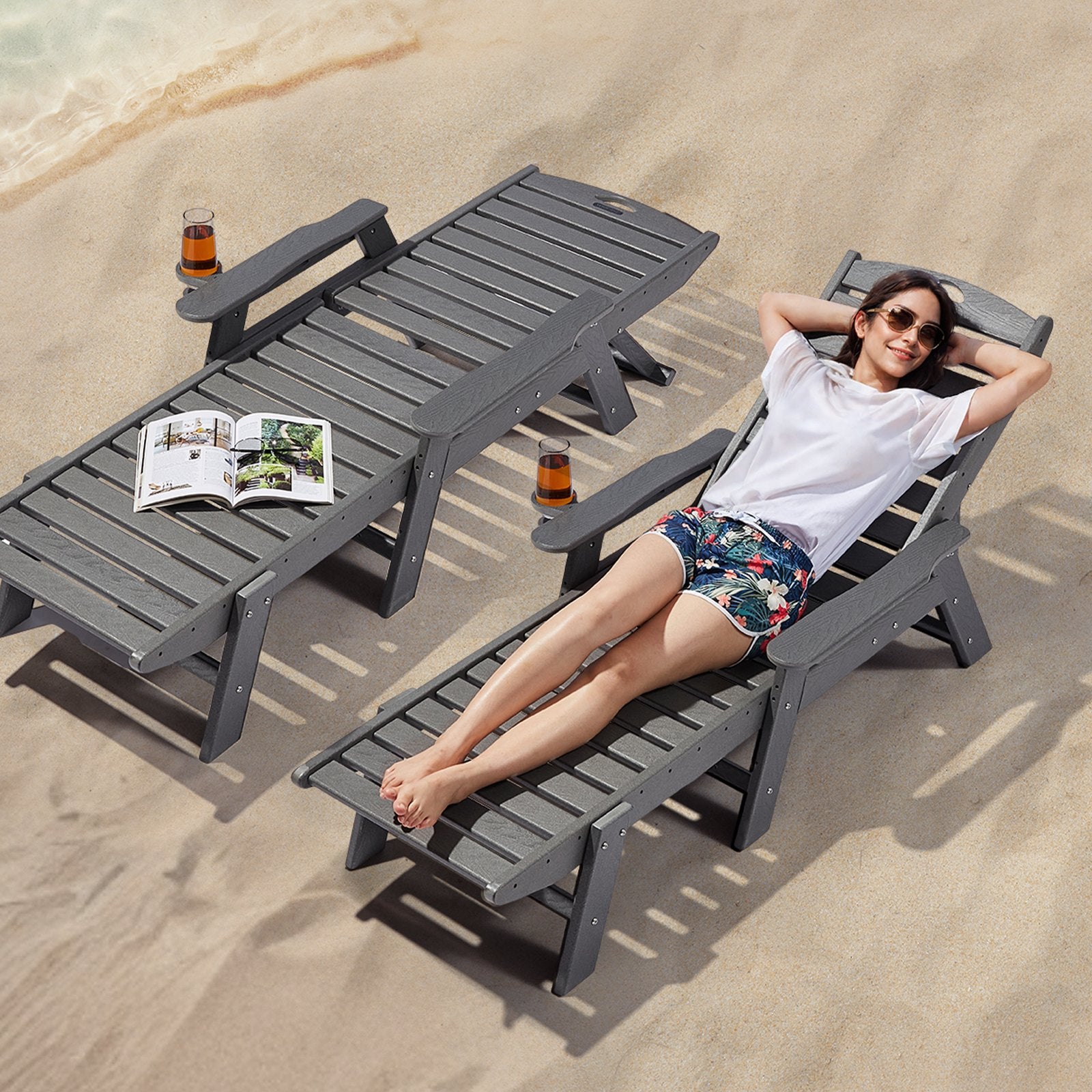 Outdoor Chaise Lounge Chair 6 Position Adjustable Reclining Bench Lounger Gray
