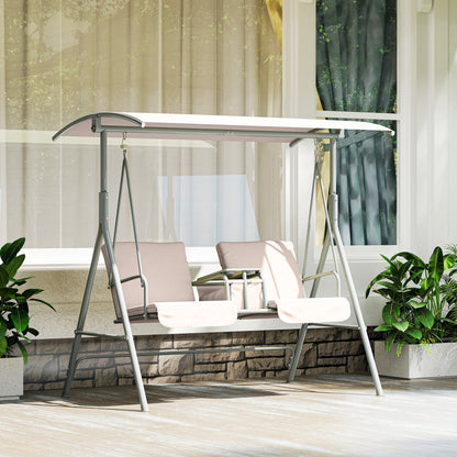 2-Seater Outdoor Porch Swing with Canopy and Table, Patio Swing Chair for Garden, Poolside, Backyard, Beige