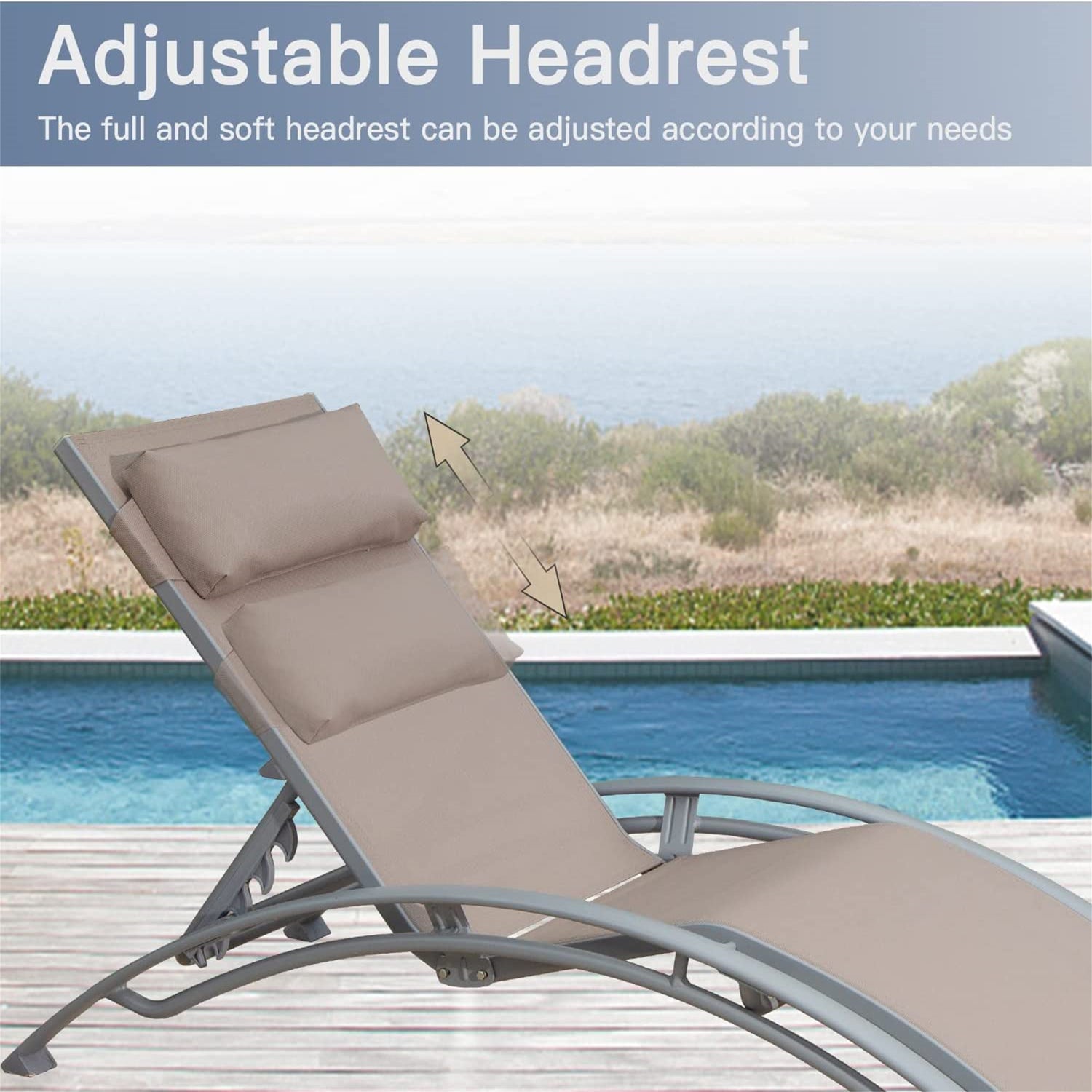 Outdoor Chaise Lounge Set Of 2 Patio Recliner Chairs With Adjustable Backrest And Removable Pillow For Indoor&amp;Outdoor Beach Pool Sunbathing Lawn  Khaki,2 Lounge Chairs