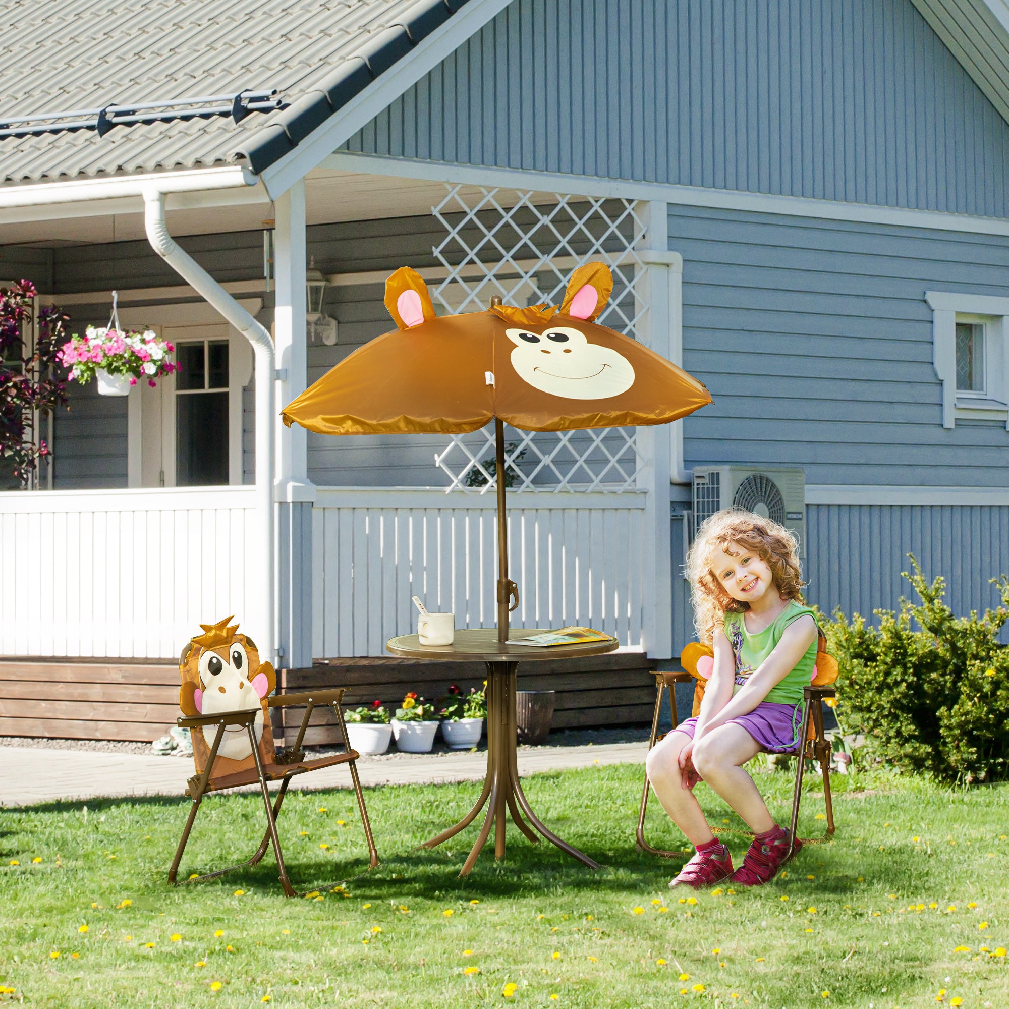 Kids Table and Chair Set, Outdoor Folding Garden Furniture, Picnic Table for Patio Backyard, with Removable &amp; Height Adjustable Sun Umbrella, Aged 3-6 Years Old, Brown