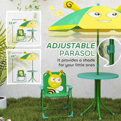 Kids Picnic Table and Chair Set, Outdoor Activity Table with Foldable Chairs, Height Adjustable Umbrella, Green