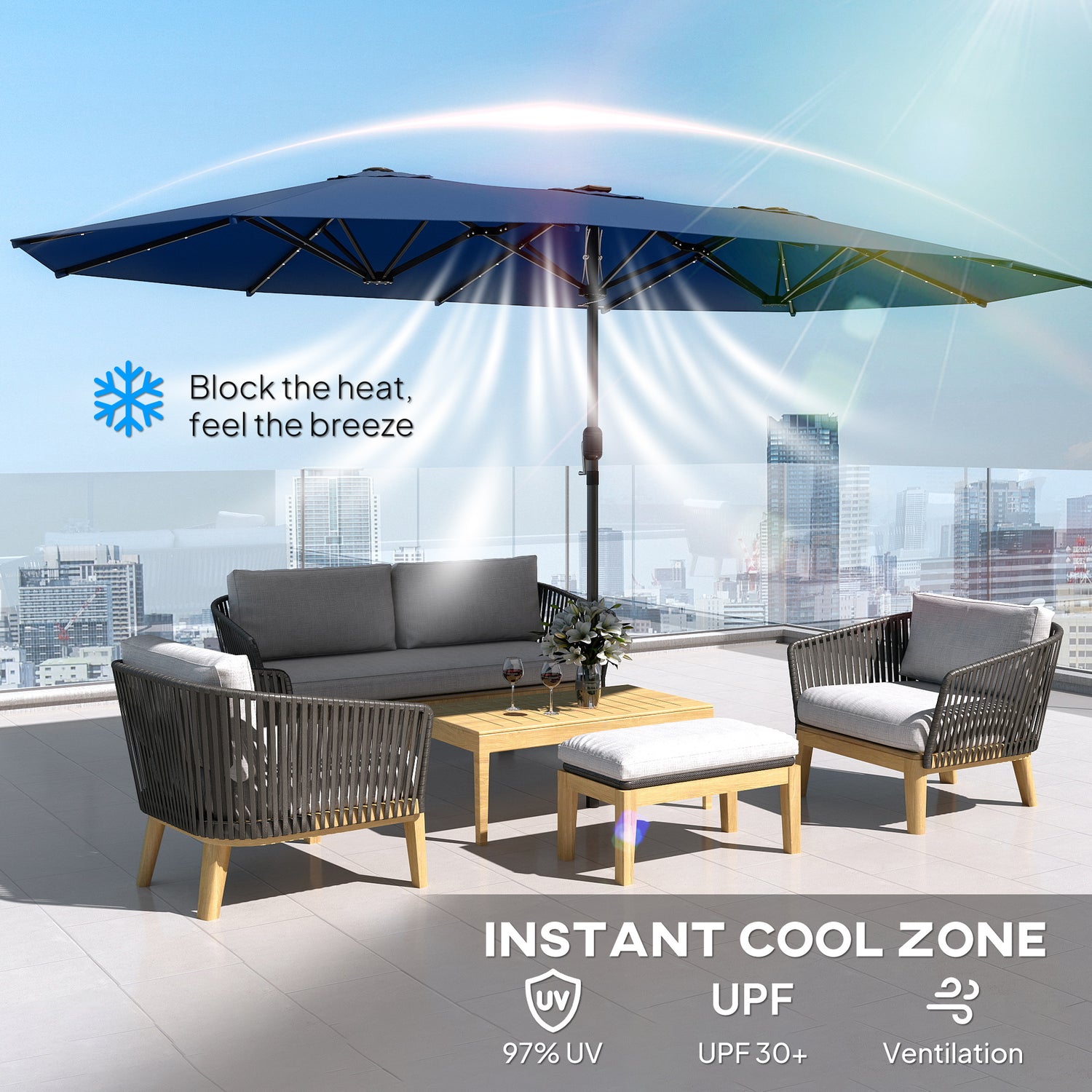 Garden Parasol, Double-Sided Sun Umbrella with LED Solar Lights, Patio Parasol for Outdoor, Blue