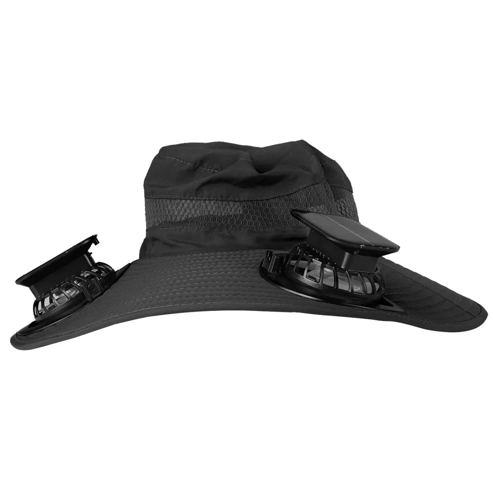 Outdoor Wide Brim Sun Hat With 2 Rechargeable Fans Solar Powered 3 Wind Speeds UPF50+ Breathable Waterproof Nylon Mesh Outdoor Hat For Hiking Camping Hunting Fishing
