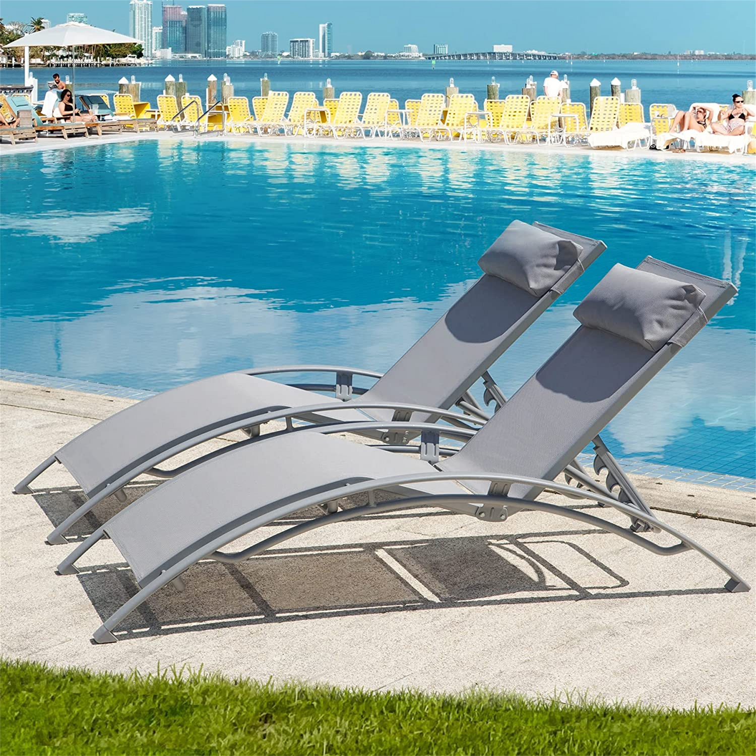 Outdoor Chaise Lounge Set Of 2 Patio Recliner Chairs With Adjustable Backrest And Removable Pillow For Indoor&amp;Outdoor Beach Pool Sunbathing Lawn  Gray, 2 Lounge  Chairs