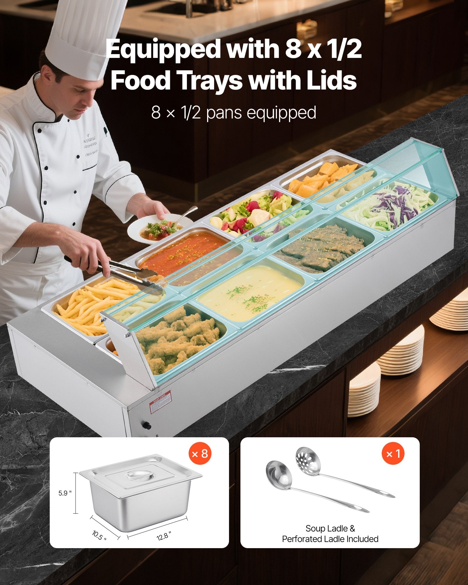 Commercial Food Warmer, 1700W Electric Stainless Steel Steam Food Warmer With Glass Cover, 8-Pan Countertop Buffet Bain Marie With Soup &amp; Perforated Ladles, For Catering, Restaurant &amp; Party
