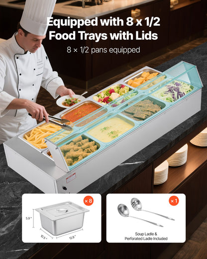 Commercial Food Warmer, 1700W Electric Stainless Steel Steam Food Warmer With Glass Cover, 8-Pan Countertop Buffet Bain Marie With Soup &amp; Perforated Ladles, For Catering, Restaurant &amp; Party