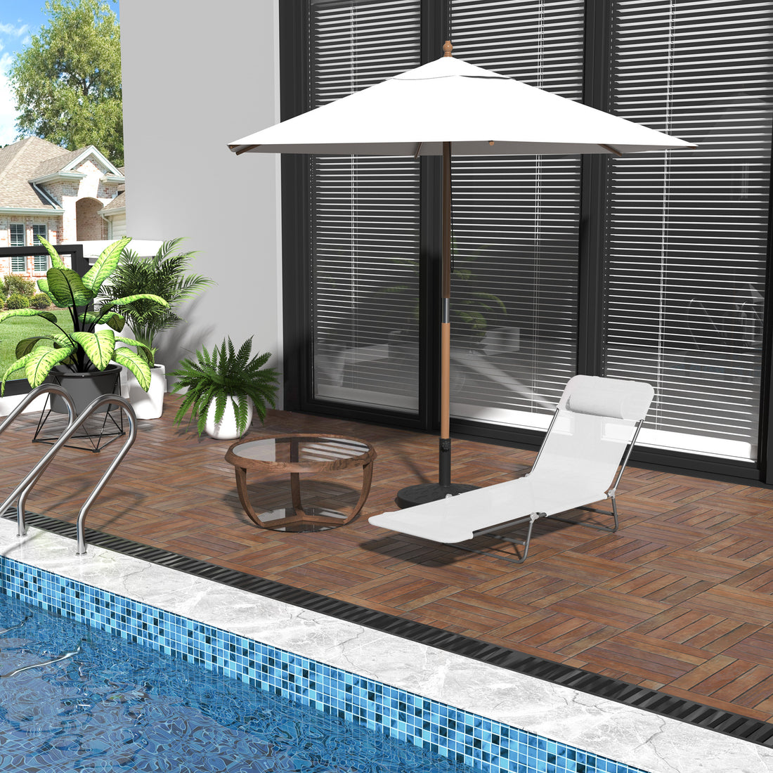 Folding Chaise Lounge Chair, Pool Sun Tanning Chair, Outdoor Lounge Chair With Reclining Back, Breathable Mesh Seat, Headrest For Beach, Yard, Patio, Cream White