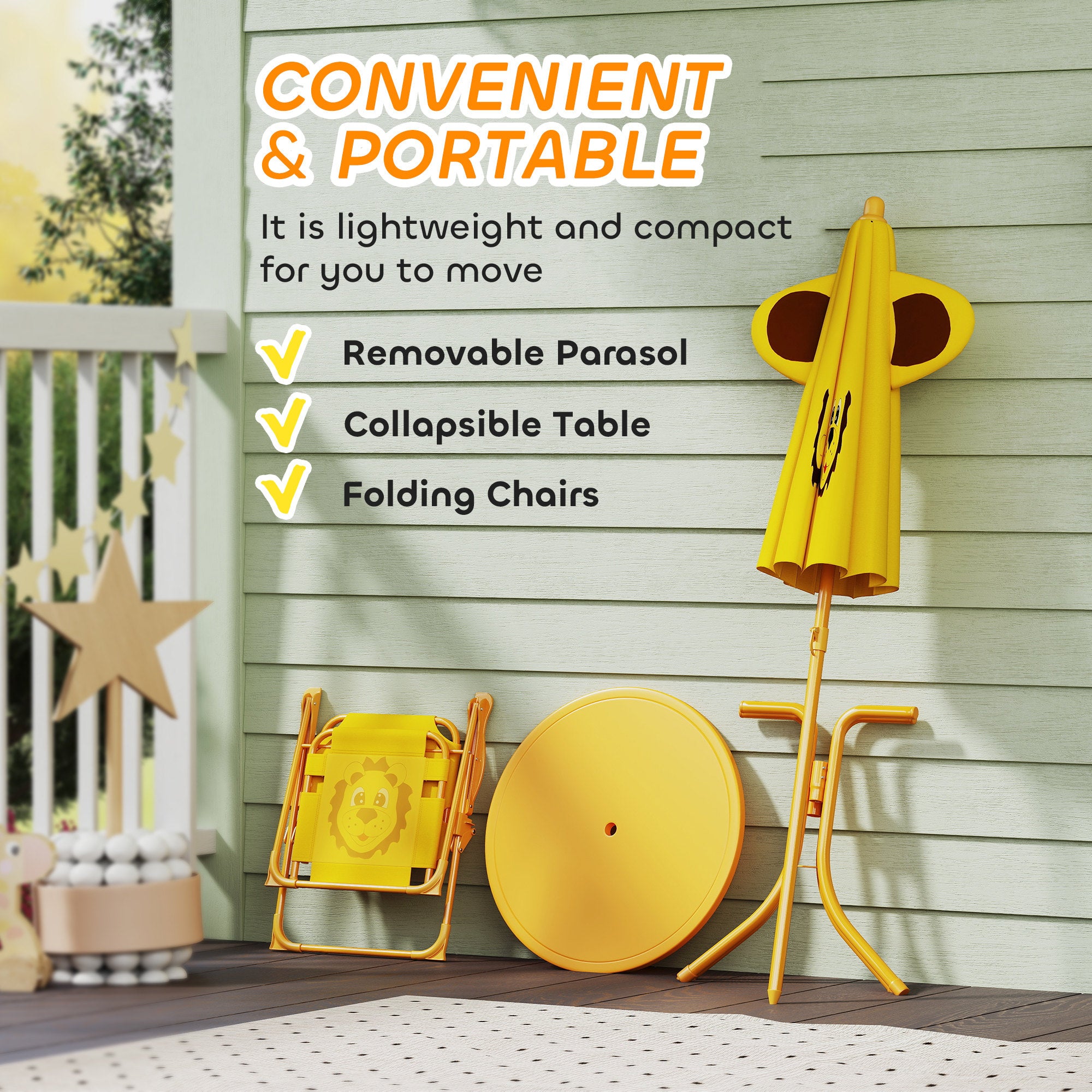 Kids Picnic Table and Chair Set, Outdoor Activity Table with Foldable Chairs, Height Adjustable Umbrella, Yellow
