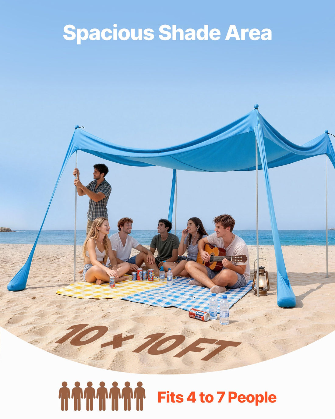 Beach Tent Sun Shelter, UPF50+ Sun Protection, 6.6 Ft Tall, 10x10 Ft, Easy Pop Up Beach Canopy With 4 Sandbags, Stability Poles, Sand Shovels, Portable Shade For Family Outings, Camping, Fishing
