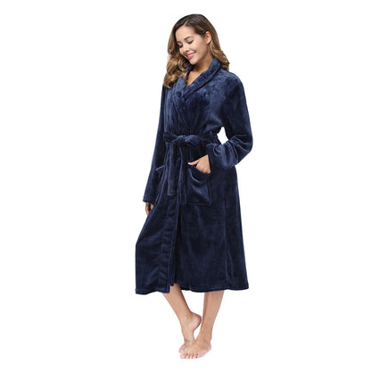 Solid Color Collar Robe For Women In Navy Blue