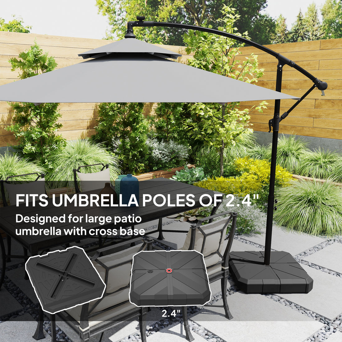 Square Patio Umbrella Base, Cantilever Offset Umbrella Base Heavy Duty Outdoor Umbrella Stand Base, Filled Up To 143lbs With Stand Or 130lbs With Water For Garden Poolside, Black
