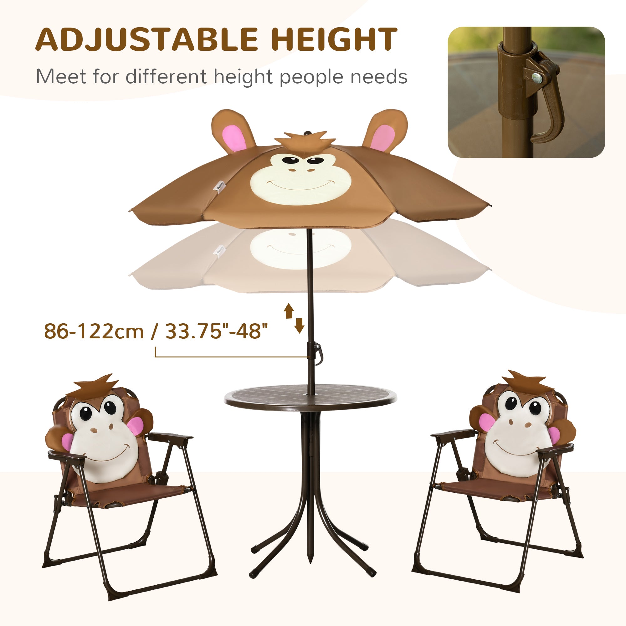 Kids Table and Chair Set, Outdoor Folding Garden Furniture, Picnic Table for Patio Backyard, with Removable &amp; Height Adjustable Sun Umbrella, Aged 3-6 Years Old, Brown