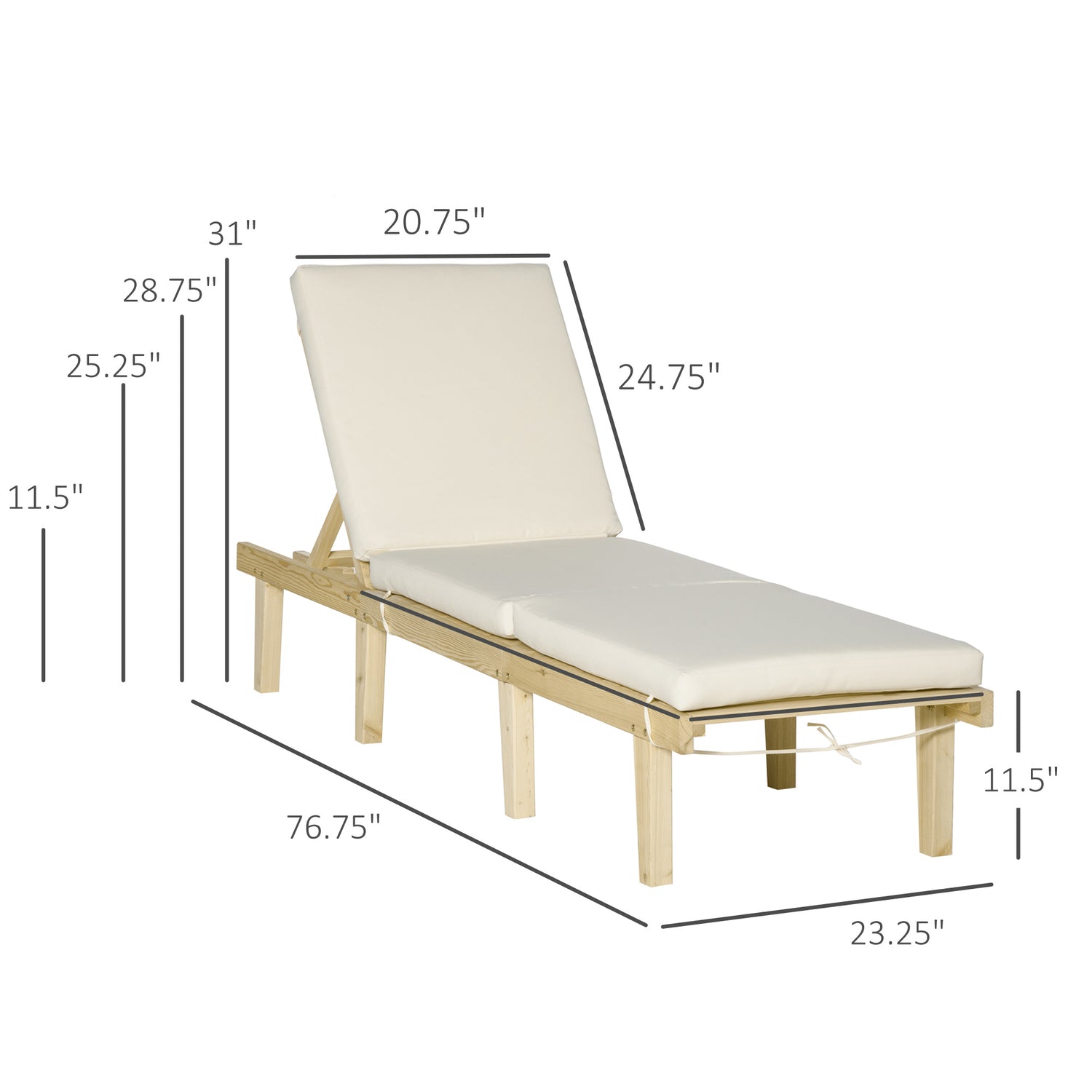 Chaise Lounge Chair For Outdoor, Wood Outdoor Chaise Lounge With 4-Position Adjustable Backrest And Cushion, Reclining Beach Lounge Chair For Deck, Pool, Lawn And Sunbathing, Natural