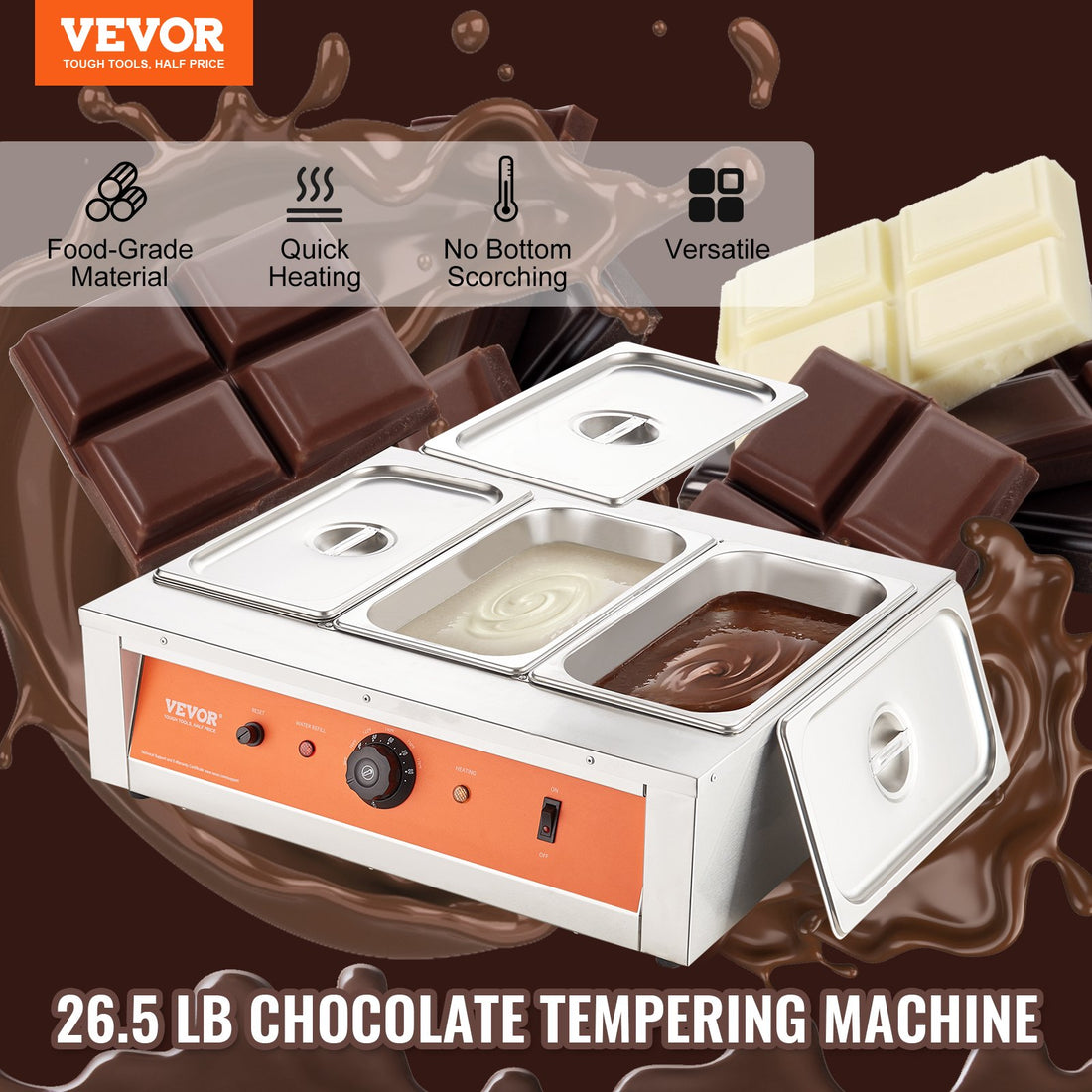 Chocolate Tempering Machine, 26.5 Lbs 3 Tanks Chocolate Melting Pot TEMP Control 86~185F, 1500W Stainless Steel Electric Commercial Food Warmer For Chocolate/Milk/Cream Melting And Heating