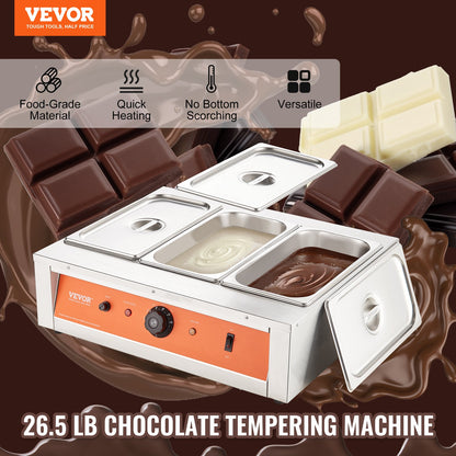 Chocolate Tempering Machine, 26.5 Lbs 3 Tanks Chocolate Melting Pot TEMP Control 86~185F, 1500W Stainless Steel Electric Commercial Food Warmer For Chocolate/Milk/Cream Melting And Heating